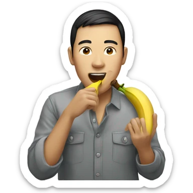 An Asian man is eating a banana in his hand sticker