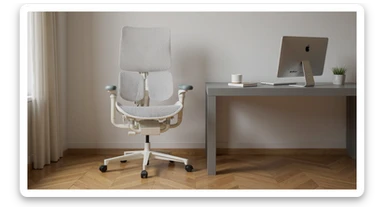 Editorial shot, Make this chair next to desk with mac setup, wooden modern floor, minimalistic room, contrast chair to wall, chair standing front to camera, soft bright light in room sticker