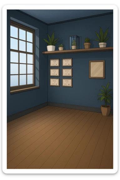 PRENDI SPUNTO DAI COLORI E DALLO STILE DELLA STANZA CON L'UOMO CON IL CAMICE E faMMI QUESTA STANZA VUOTA STILE MANGA/WEBTOON A COLORI SENZA LE PERSONE, SOLO LA STANZA. FALLA MOLTO PIù LUMINOSA, NON LUCI GIALLE sticker