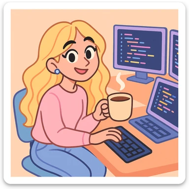 Sabrina Carpenter as a programmer, holding a coffee mug, multiple monitors with code, relaxed and creative, pastel tones sticker