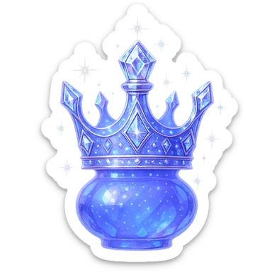 crown-shaped luxurious elixir bottle, unmistakably crown-like silhouette (not a flask), color #7986cb, multi-layered holographic and silver details, intricate crystal facets, magical radiant glowing and sparkling effects, seamless and beautifully joined rounded and closed bottom (not flat or open), very small neck, transparent background, floating clearly in air, not standing, no base or shadow, modern, extremely beautiful, matching a collection sticker