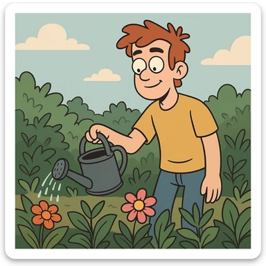 person watering plants in a garden sticker