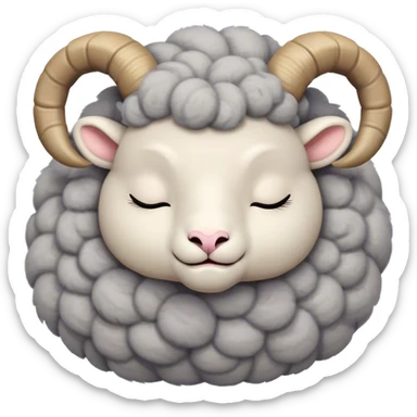 Meme-Worthy Cute Sleeping Ram Portrait Emoji, Head resting peacefully with a contented smile, showcasing a robust build and a luxuriously soft woolly grey fur with gently curled horns, eyes shut in a serene, restful nap, Simplified yet hilariously adorable features, highly detailed, glowing with a soft, drowsy light, high shine, relaxed and utterly lovable, stylized with an air of playful laziness, bright and heartwarming, soft glowing outline, capturing the essence of a comically sleepy ram, so meme-worthy it feels like it could instantly become the next viral sensation of adorable slumber! sticker