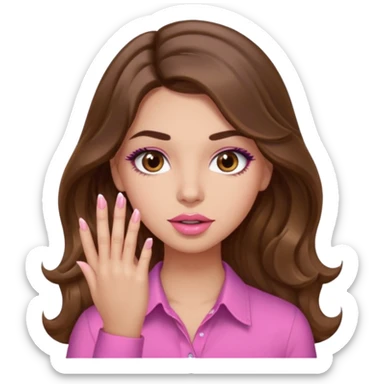 girl with long wavy brown hair, brown eyes, light to medium complexion, in a pink shirt, pink lips, long lashes, puckered lips,  showing  long finger nails sticker