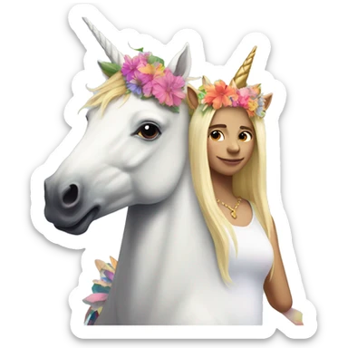 unicorn with rainbow horn with a blond woman with a flower crown riding it sticker