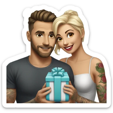 Hyper Realistic beautiful woman receiving a gift and a bouquet of roses from a handsome tattooed man  sticker