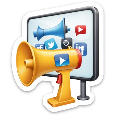 An icon featuring a megaphone, a billboard, and social media icons, symbolizing advertising and public relations. The design includes a press release and a rising graph, representing brand promotion and communication strategies. Transparent background highlights media influence and outreach. sticker