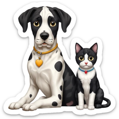 Harlequin great dane dog sitting with a black and white cat sticker