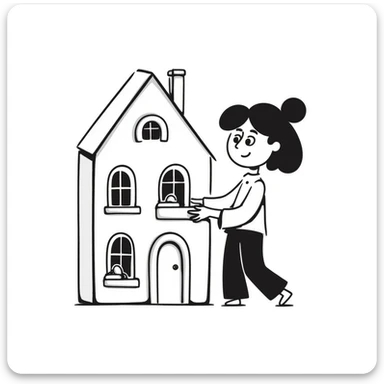 smiling girl arranging furniture in doll house sticker