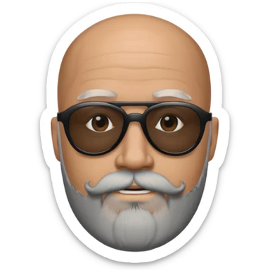 Bald man, wearing black opaque sunglasses, gray goatee beard sticker