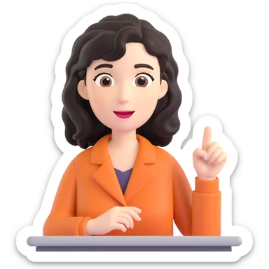 female teacher with black wavy hair, no glasses, teaching and talking sticker