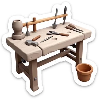 Cinematic Realistic image of a workbench set with a lump of pliable clay and artisanal sculpting tools, rendered with finely detailed textures that reveal subtle clay particles and well-worn tool surfaces, bathed in warm, focused studio lighting sticker