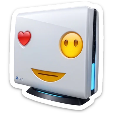 Clash of Clans aesthetic: Cinematic Playful PlayStation 3 Console Portrait Emoji, rendered in a 3D vector-style similar to standard emojis with minimal shading and bold, simplified shapes. A compact, distinct form with signature details, softly glowing with a cutting-edge console technology charm. Simplified yet unmistakably iconic, highly detailed and consistent, glowing with a soft radiance and high shine. Stylized with a touch of technological advancement and a soft glowing outline, capturing the essence of a beloved gaming relic with a friendly, playful manner! sticker