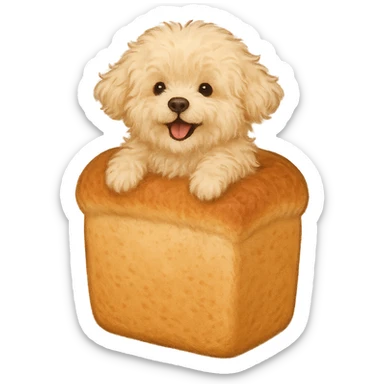 a fluffy soft fluffy dog peeking from a bread loaf, cheerful, warm beige, full-body sticker