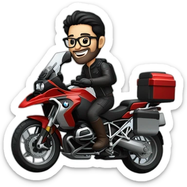 Francisco-Javier-Sans-Sánchez, black haired, with beard and glasses, riding a red BMW-R-1200-GS,waving sticker