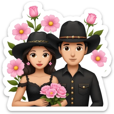 couple in front of Eiffel Tower, man in black cowboy hat, woman in elegant dress, pink flowers around sticker