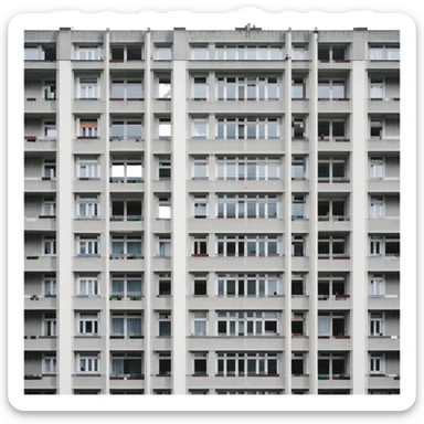 Soviet-era panel apartment building with rows of identical windows, gray concrete facade, flat roof, typical Russian multi-story residential building sticker