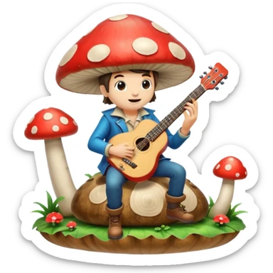 mushroom bard character playing tiny guitar on giant mushroom sticker