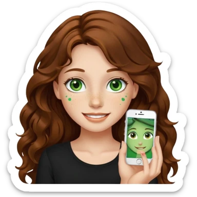 Girl with long wavy brown hair, green eyes, freckles and a black top on. Make her smile  sticker