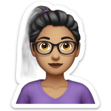 A girl with black hair with a long ponytail and rond glasses and violet sweet shirt  sticker