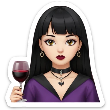 mulher cabelos pretos longos e lisos com uma franja curta acima dos olhos, olhos pretos com delineado, expressão séria, com um sorriso sensual e lábios cor de vinho, ela usa uma gargantilha preta com um pequeno pingente de morcego preto sticker