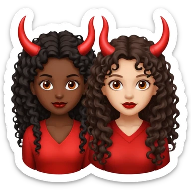 Dark skin, dark, curly hair girl with devil horns and light skinned girl with dark long wavy hair with Devil horns sticker
