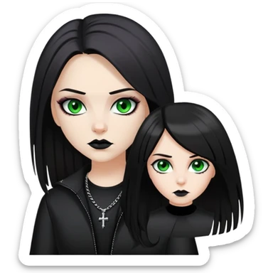 white girl, dark hair, goth style, straight hair, green eyes, without lipstick, dodge challenger sticker