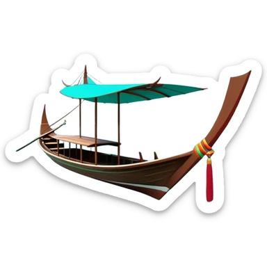 ​Cinematic Realistic Authentic Thai Longtail Boat, depicted as a traditional wooden longtail boat with a sleek, elongated hull and a brightly painted canopy, its long tail fin cutting gracefully through turquoise waters under a clear tropical sky, rendered with vibrant textures and dynamic natural lighting that captures its rustic charm and cultural heritage, sticker