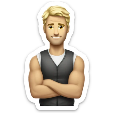 cool man arms crossed, white man, blond, in vest, sporty` sticker