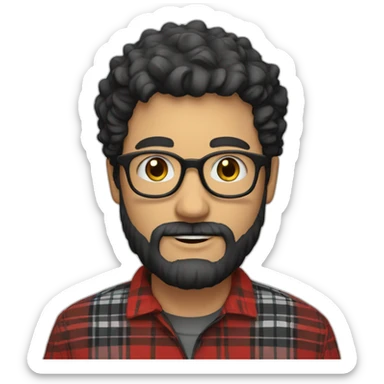 white man with beard, glasses, black curly hair and red plaid shirt sticker