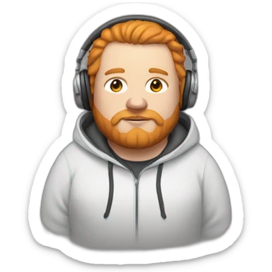 fat white man wearing a hoodie with a hood on, headphones on, ginger hair and beard sticker