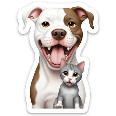 A white and brown pitbull licking a gray cat lovingly as buddies sticker