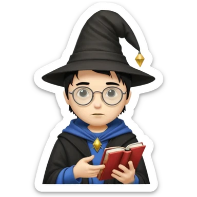 ["A sad boy with light skin, straight hair, wearing a wizard hat and round glasses, dressed in punk fashion, is reading a book while holding a phone."] sticker