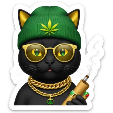 A black cat wearing the deal with it shades and a rasta beanie and smoking a joint and wearing a gold chain that says 420 and the words High Time at the top of the image sticker