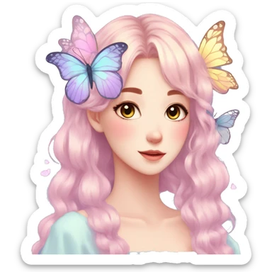 gorgeous anime pastel lady with butterflies and beautiful hair fairycore cottagecore sticker
