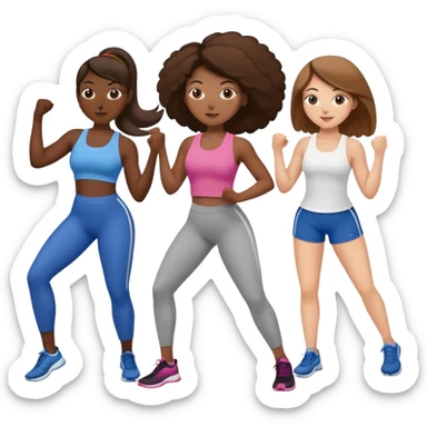 three women friends exercising together, one black woman with brown hair, two white women with brown hair sticker