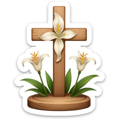 A wooden cross with lilies around the base sticker