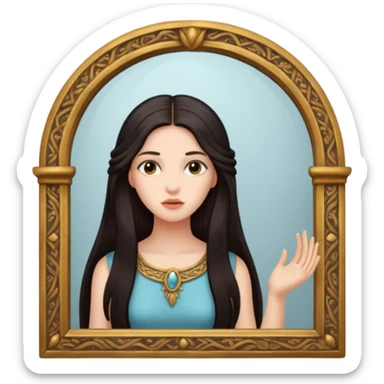 Woman facing ancient mirror, reflection slightly delayed and darker sticker