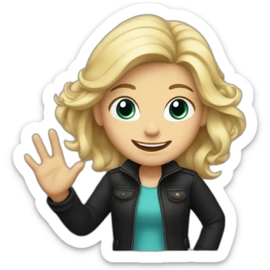 blonde girl in a black jacket waves her hand and smiles sticker