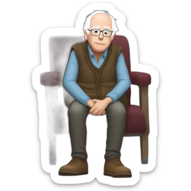 Bernie sanders freezing in chair with legs and arms crossed wearing a scarf sticker