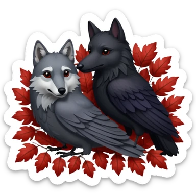 A raven bird and a wolf laying together with Weirwood leaves beneath them  sticker