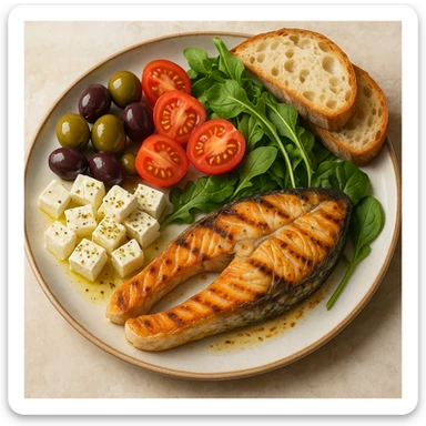 realistic illustration of a colorful Mediterranean meal plate with olives, tomatoes, feta cheese, grilled fish, bread, and fresh greens sticker