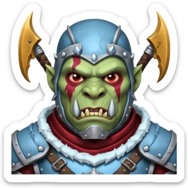 
Fantasy Christmas orc legion soldier icon, iron tundra army theme, heavy winter armor, disciplined brutal look, icy blue steel armor with deep crimson accents, frozen metal texture, cold winter atmosphere, male variant sticker