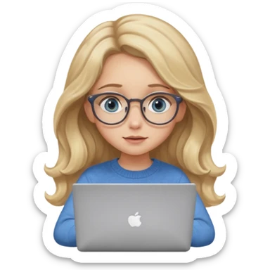 blonde girl with long dark blonde wavy hair, blue big eyes, pantos-style glasses, a brown colored sweater, sitting and looking in laptop, soft pastel, upper body shot sticker