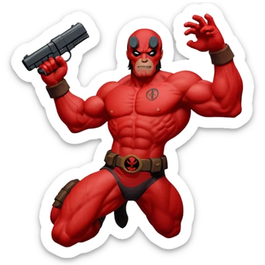 cinematic realistic superhero Hellboy by Mike Mignola jumps and shoots sticker