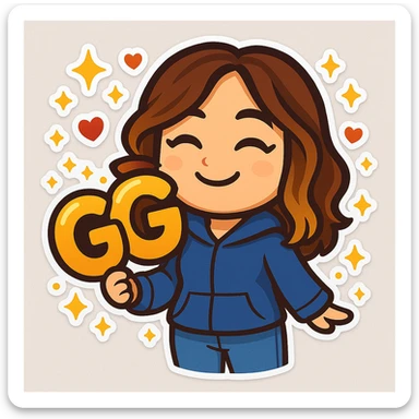 Sticker style chibi emote of the woman from the reference images, wearing a blue hoodie and jeans, holding a large, bubbly 'GG' sign with hearts and sparkles around it, making a cute happy face, no headband, no wand, transparent background. sticker