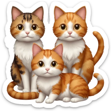 3 small cats different colours including brown tabby and white, patchy calico, and ginger and white sticker