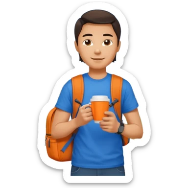 an asian man in blue t-shirt with orange cup of coffee and backpack on the back. Eiffel tower on the background. shoulder length  sticker