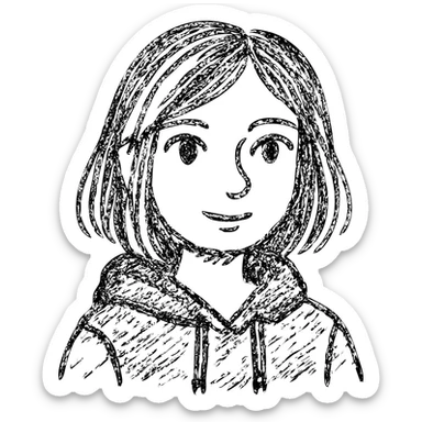 designer girl with blue eyes, shoulder-length brown hair with blonde streaks, black hoodie sticker