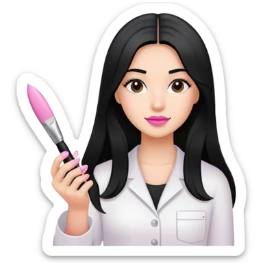 Pink Nail Tech with black long hair holding small acrylic brush sticker